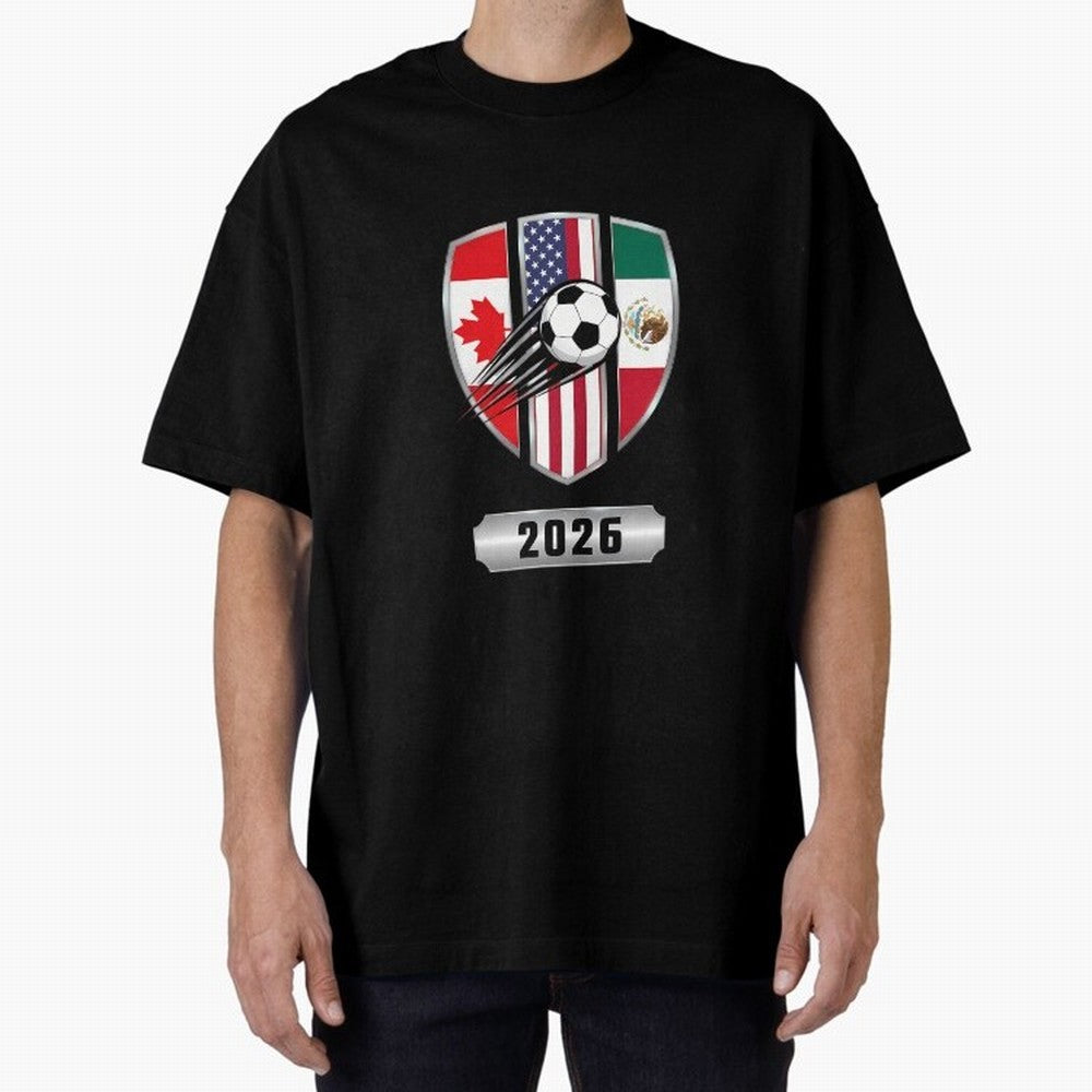 North United America Shield 2026 Cup Oversized T-Shirt Feel International Energy from FIFA World Cup 2026 USA Canada Mexico Spirit, Centered on Netherlands, Haaland and Mbappe, Championship Spirit, Famous Goals, Roaring Crowds and International