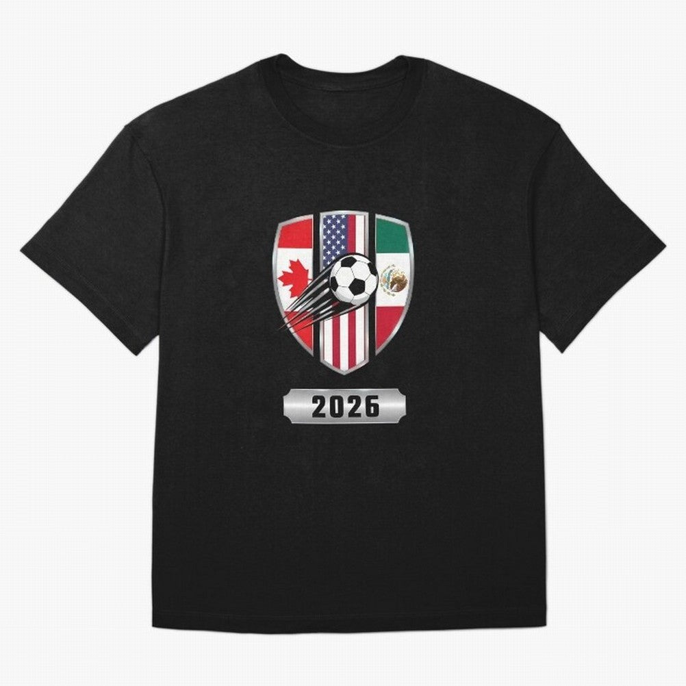 North United America Shield 2026 Cup Oversized T-Shirt Feel International Energy from FIFA World Cup 2026 USA Canada Mexico Spirit, Centered on Netherlands, Haaland and Mbappe, Championship Spirit, Famous Goals, Roaring Crowds and International