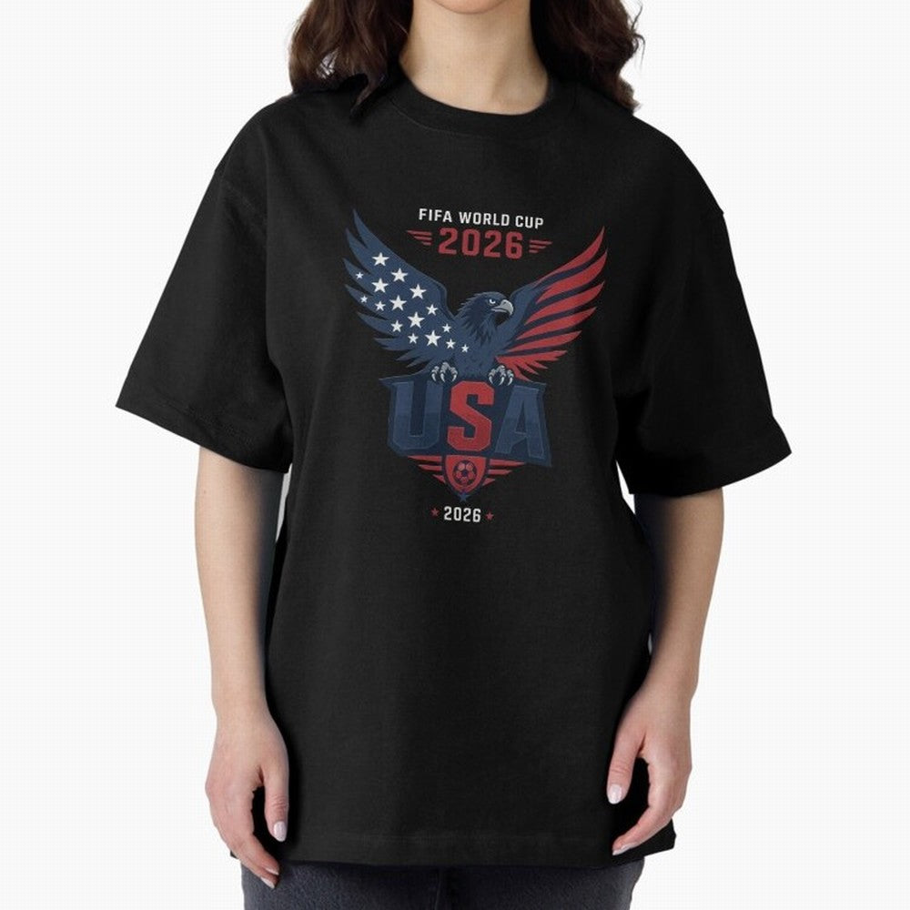 FIFA World Cup 2026 USA Eagle Soccer Logo Oversized T-Shirt Represent the Passion of the FIFA World Cup 2026 Group Stage Journey through CR7 and Messi Highlights, Brazil Pride, Worldwide Fan Energy, Dramatic Goals, Stadium Lights and Championship