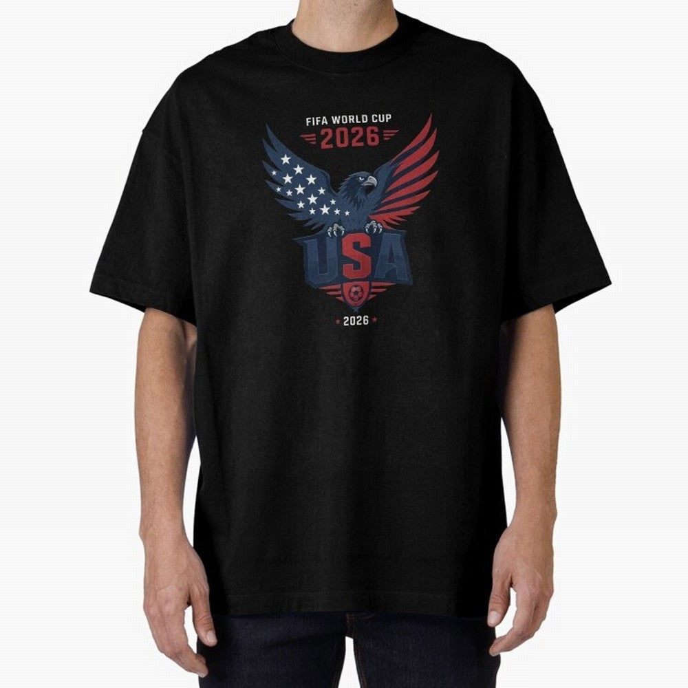 FIFA World Cup 2026 USA Eagle Soccer Logo Oversized T-Shirt Represent the Passion of the FIFA World Cup 2026 Group Stage Journey through CR7 and Messi Highlights, Brazil Pride, Worldwide Fan Energy, Dramatic Goals, Stadium Lights and Championship