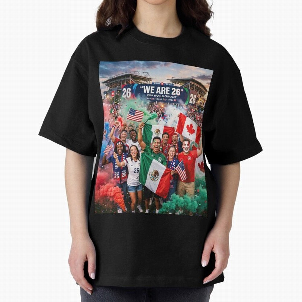 2026 World Cup Fans Celebrate Oversized T-Shirt Honor Football Greatness during Match Day Hype around FIFA World Cup 2026, CR7 and Messi, Portugal, Vintage Soccer Flavor, Modern Football Stars, National Flags and Final Night Emotion; Ideal for