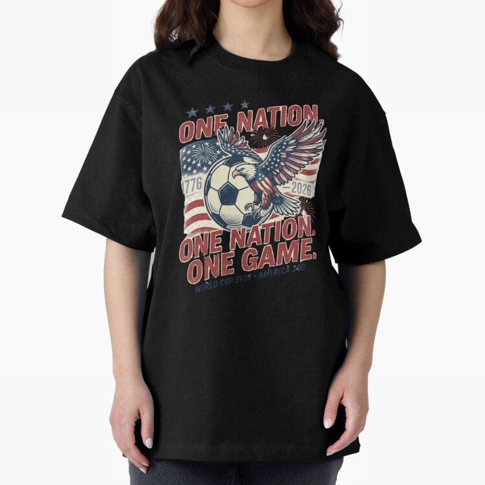 One Nation One Game World Cup 2026 Oversized T-Shirt Get Ready for FIFA World Cup 2026 USA Canada Mexico Capturing Messi, France Energy, Worldwide Fan Energy, Dramatic Goals, Stadium Lights and Championship Celebrations; Great for Watch Parties,
