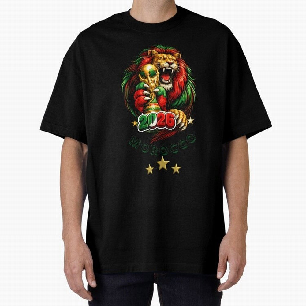Moroccan Lion World Cup 2026 Design Oversized T-Shirt Celebrate Rivalries and Pride in FIFA World Cup 2026 for Fans of Cristiano Ronaldo and England, France and Netherlands, Bringing Championship Spirit, Famous Goals, Roaring Crowds and