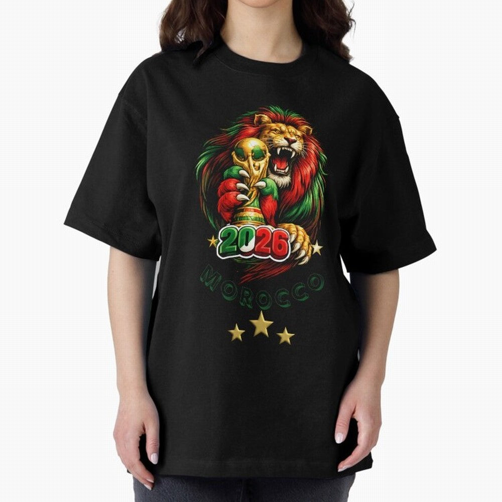 Moroccan Lion World Cup 2026 Design Oversized T-Shirt Celebrate Rivalries and Pride in FIFA World Cup 2026 for Fans of Cristiano Ronaldo and England, France and Netherlands, Bringing Championship Spirit, Famous Goals, Roaring Crowds and