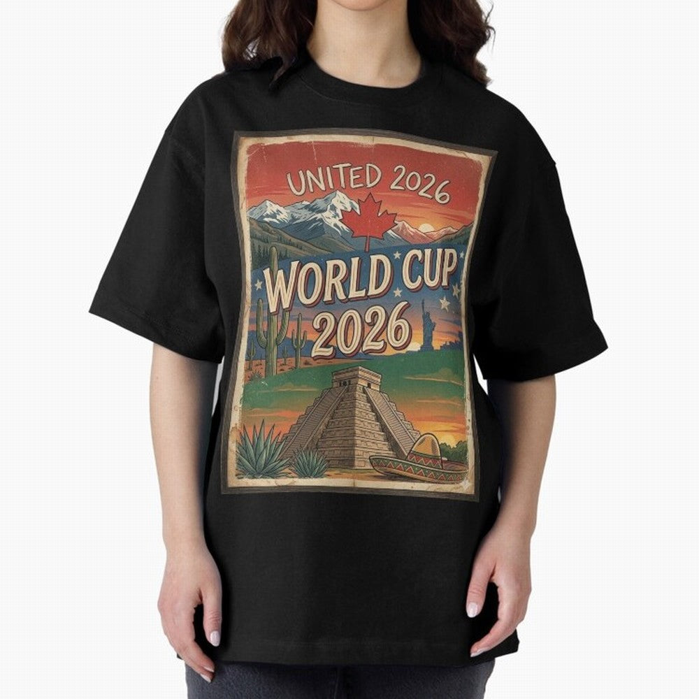 United 2026 World Cup ¨C Vintage North America Soccer Poster Oversized T-Shirt Enjoy the FIFA World Cup 2026 USA Canada Mexico Journey through Cristiano Ronaldo, Haaland and CR7 Highlights, Argentina and Brazil Pride, Football History, Final Match
