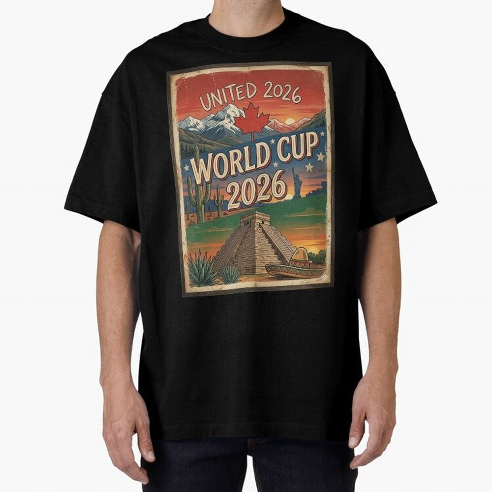 United 2026 World Cup ¨C Vintage North America Soccer Poster Oversized T-Shirt Enjoy the FIFA World Cup 2026 USA Canada Mexico Journey through Cristiano Ronaldo, Haaland and CR7 Highlights, Argentina and Brazil Pride, Football History, Final Match