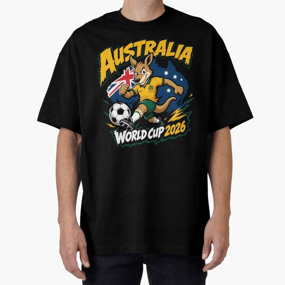 Australia World Cup 2026 Kangaroo Soccer Fan Art Oversized T-Shirt Remember Iconic Moments from Global Football Passion for FIFA World Cup 2026 Group Stage, Made for Mbappe and Neymar, England, France and Netherlands, Vintage Soccer Flavor, Modern