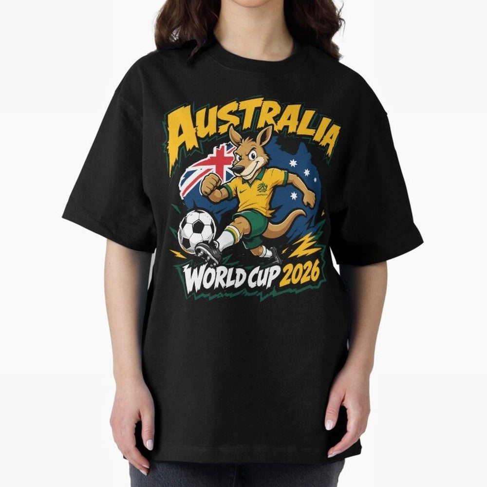 Australia World Cup 2026 Kangaroo Soccer Fan Art Oversized T-Shirt Remember Iconic Moments from Global Football Passion for FIFA World Cup 2026 Group Stage, Made for Mbappe and Neymar, England, France and Netherlands, Vintage Soccer Flavor, Modern