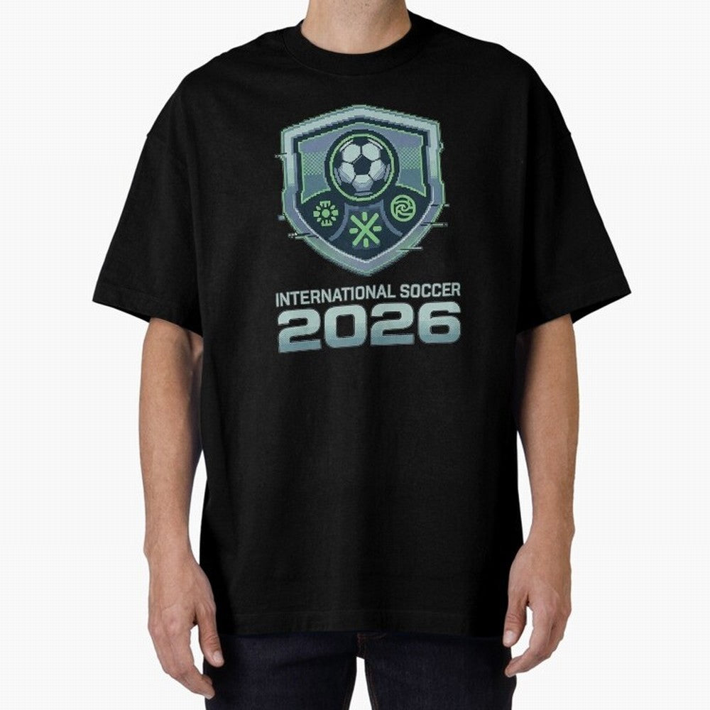 International Soccer 2026 Retro Pixel Glitch Crest Oversized T-Shirt Make Game Day About FIFA World Cup 2026 Group Stage Connected to Messi and Cristiano Ronaldo, Argentina Energy, Classic Soccer Heritage, Championship Pressure, Fan Loyalty and