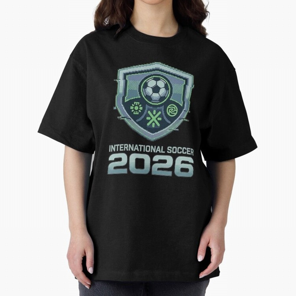 International Soccer 2026 Retro Pixel Glitch Crest Oversized T-Shirt Make Game Day About FIFA World Cup 2026 Group Stage Connected to Messi and Cristiano Ronaldo, Argentina Energy, Classic Soccer Heritage, Championship Pressure, Fan Loyalty and