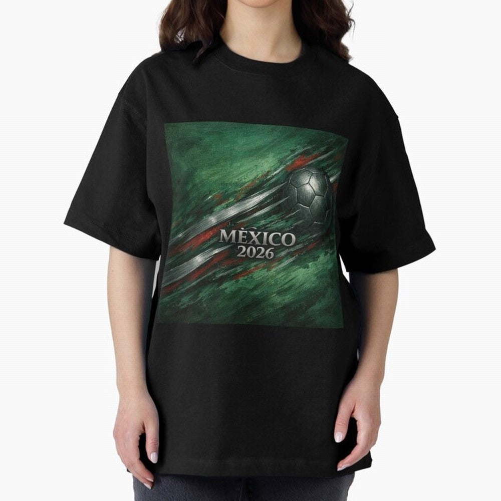 Mexico 2026 Football with Metallic Silver Line Oversized T-Shirt Stand Out with Spirit from Global Football Passion for FIFA World Cup 2026 USA Canada Mexico, Centered on Mbappe, Germany, Football History, Final Match Energy, Crowd Noise and Once