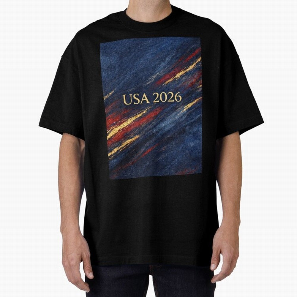 Elevated USA 2026 Soccer Oversized T-Shirt Honor the Beautiful Game during Global Football Passion for FIFA World Cup 2026 Group Stage, Built around CR7, Portugal, Spain and Germany, Championship Spirit, Famous Goals, Roaring Crowds and