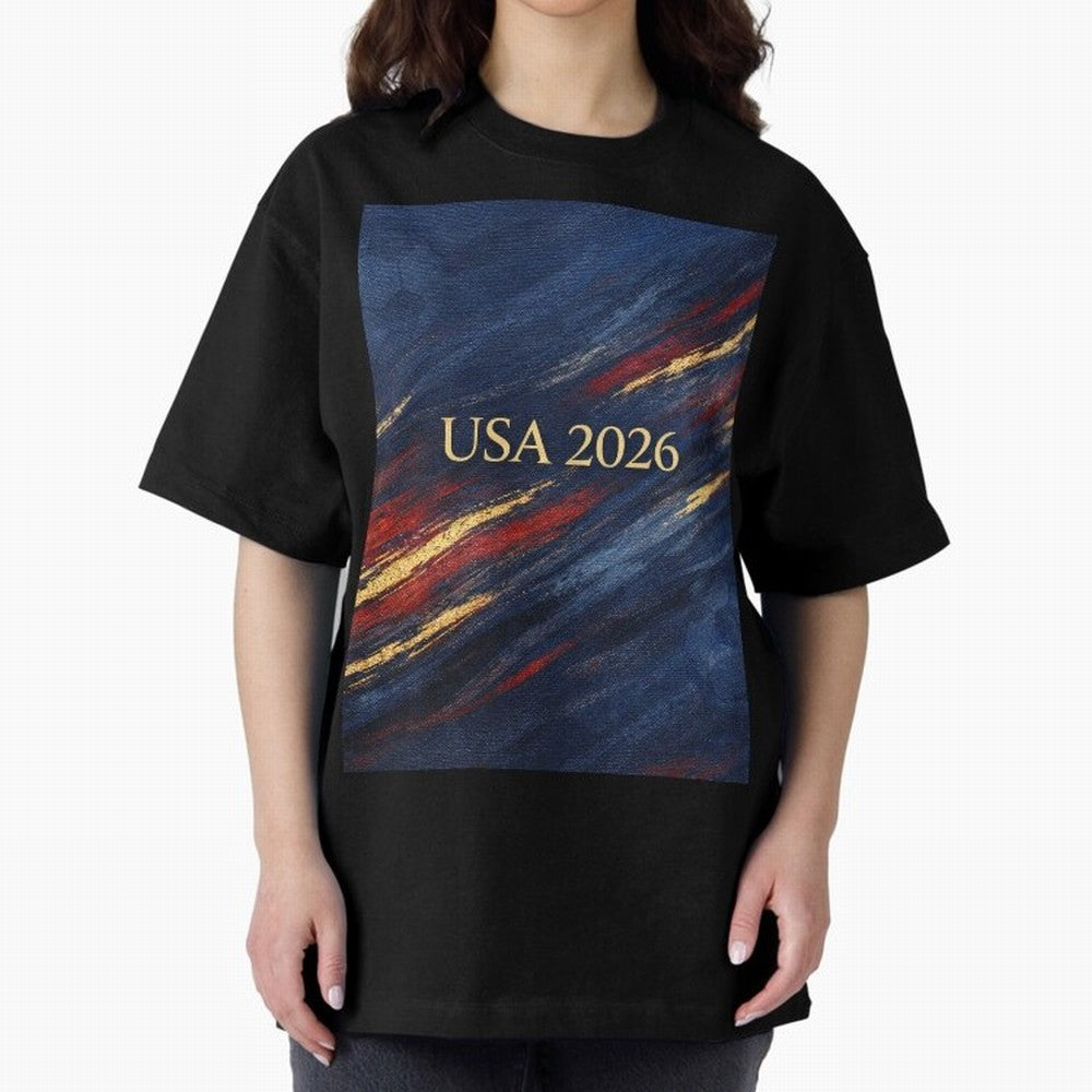 Elevated USA 2026 Soccer Oversized T-Shirt Honor the Beautiful Game during Global Football Passion for FIFA World Cup 2026 Group Stage, Built around CR7, Portugal, Spain and Germany, Championship Spirit, Famous Goals, Roaring Crowds and