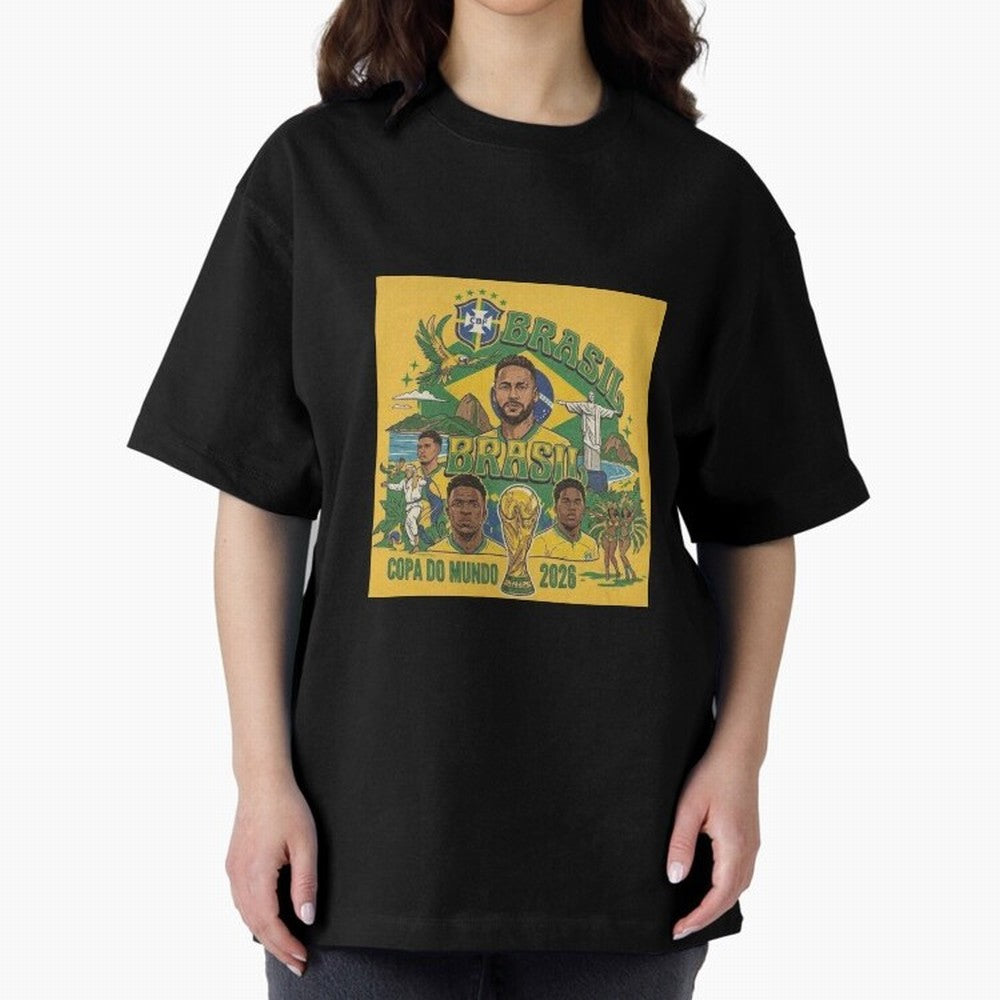 Brazil Football 2026 ¨C Retro World Cup Fan Art Oversized T-Shirt Bring Champion Energy into FIFA World Cup 2026 Group Stage Spirit, Capturing France and Portugal, Messi, Neymar and Mbappe, Sports Nostalgia, International Competition, Famous