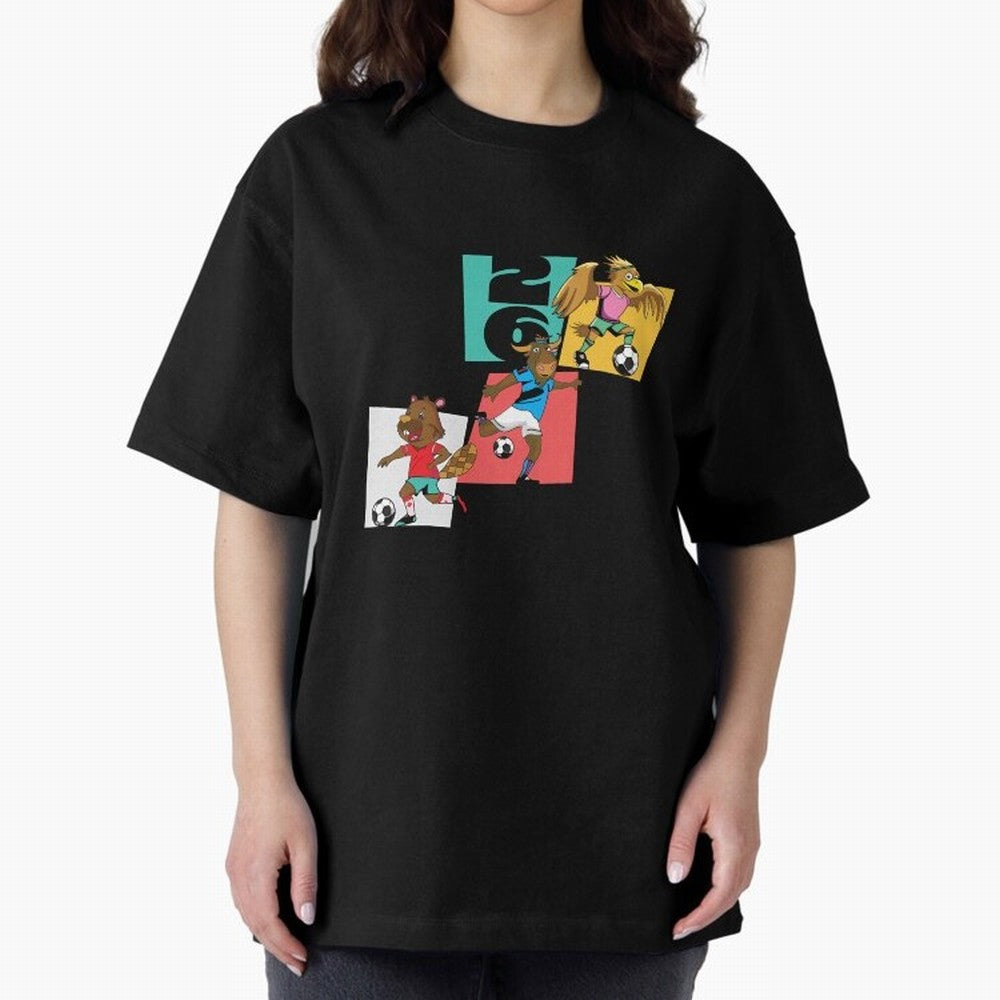 North America Mascots 2 T-Shirt_83568192 Oversized T-Shirt Carry the Colors and Pride of the FIFA World Cup 2026 USA Canada Mexico Journey through Cristiano Ronaldo Highlights, Argentina, France and Brazil Pride, Worldwide Fan Energy, Dramatic
