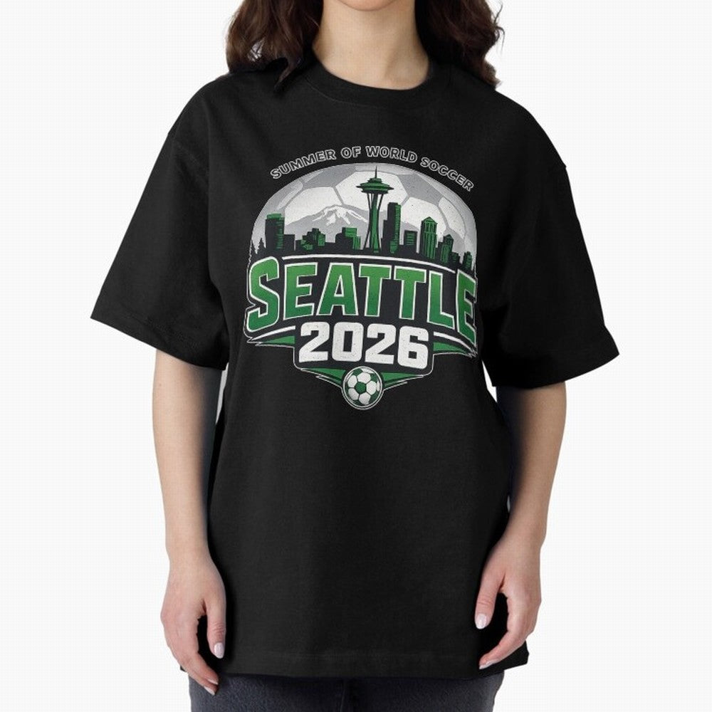 World Soccer Tournament Cup 2026 Seattle Oversized T-Shirt Represent the Passion of FIFA World Cup 2026 Group Stage with Messi, Neymar and Mbappe, Spain Energy, Match Day Excitement, Supporter Culture, Golden Goals and Global Football Passion;