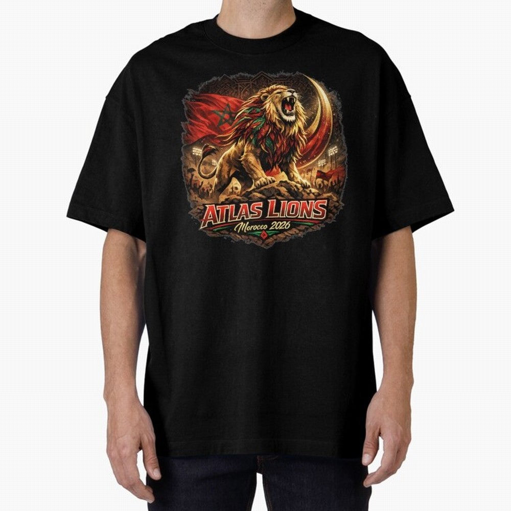 Morocco Football Fan - Atlas Lions Oversized T-Shirt Capture Match Day Hype around FIFA World Cup 2026, Messi, CR7 and Mbappe, England, France and Netherlands, Tournament Hype, Historic Matchups, Family Viewing Parties and Global Sports Pride;