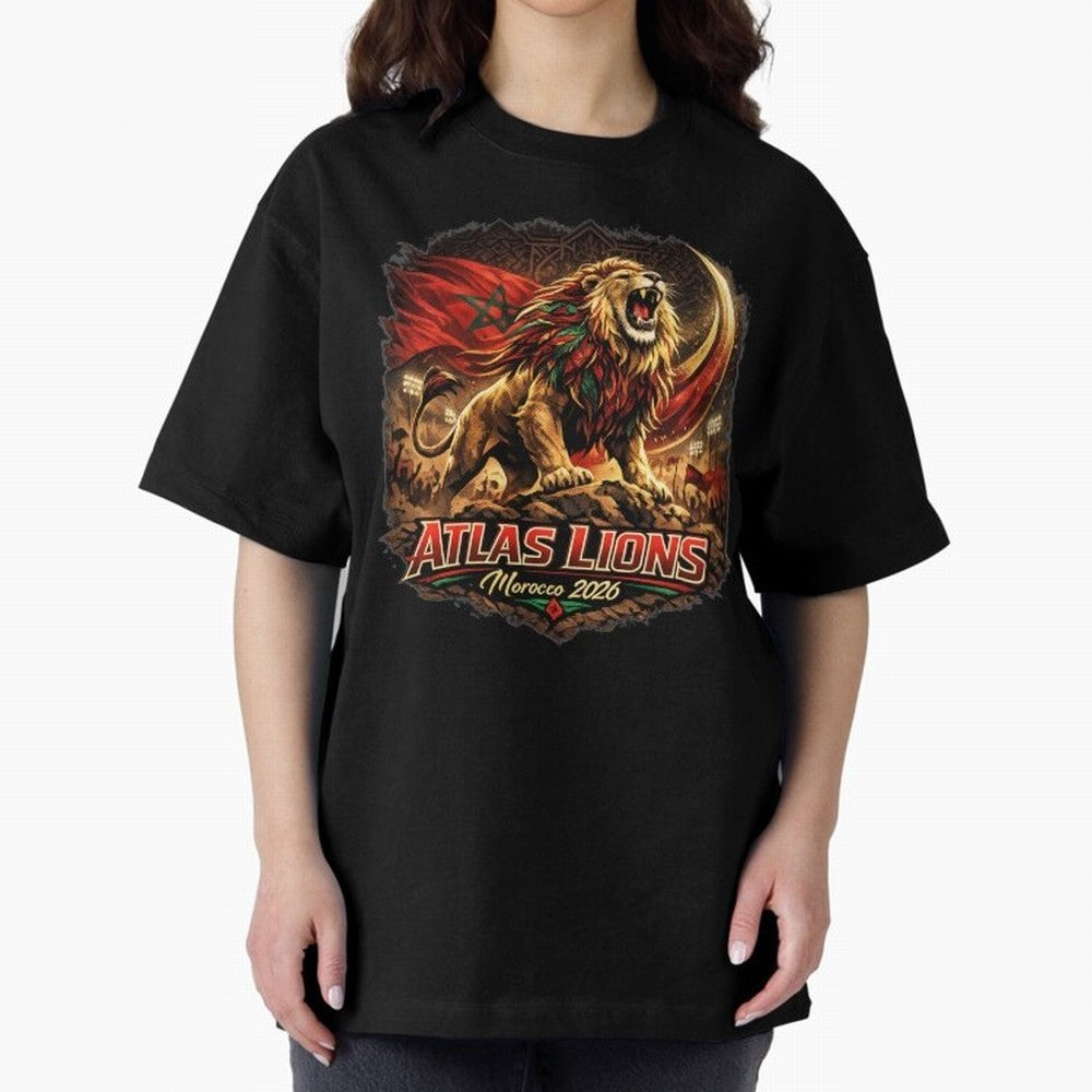 Morocco Football Fan - Atlas Lions Oversized T-Shirt Capture Match Day Hype around FIFA World Cup 2026, Messi, CR7 and Mbappe, England, France and Netherlands, Tournament Hype, Historic Matchups, Family Viewing Parties and Global Sports Pride;