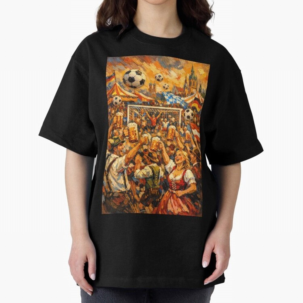 Festival Celebration with Soccer and Beer Oversized T-Shirt Celebrate Classic Football Spirit in Match Day Hype around FIFA World Cup 2026, Haaland, Argentina, France and Brazil, Vintage Soccer Flavor, Modern Football Stars, National Flags and