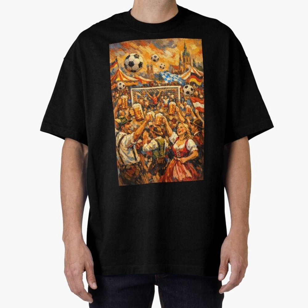 Festival Celebration with Soccer and Beer Oversized T-Shirt Celebrate Classic Football Spirit in Match Day Hype around FIFA World Cup 2026, Haaland, Argentina, France and Brazil, Vintage Soccer Flavor, Modern Football Stars, National Flags and