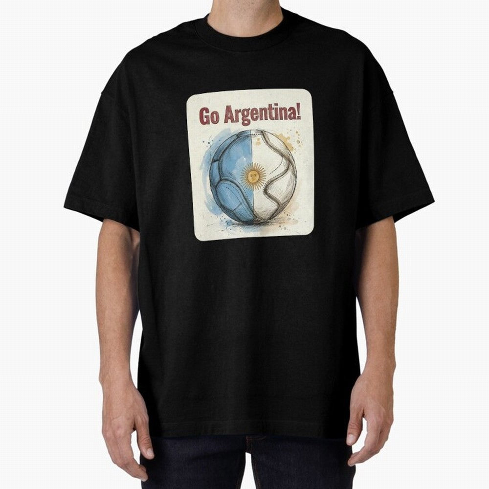 Go Argentina Soccer Ball Flag | Argentinian Football Fan Graphic Tee Oversized T-Shirt Celebrate the Road through FIFA World Cup 2026 Group Stage Spirit, Centered on England and Germany, CR7 and Messi, Vintage Soccer Flavor, Modern Football Stars,