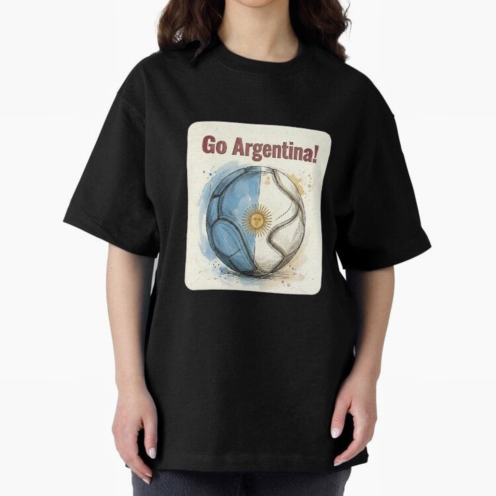 Go Argentina Soccer Ball Flag | Argentinian Football Fan Graphic Tee Oversized T-Shirt Celebrate the Road through FIFA World Cup 2026 Group Stage Spirit, Centered on England and Germany, CR7 and Messi, Vintage Soccer Flavor, Modern Football Stars,
