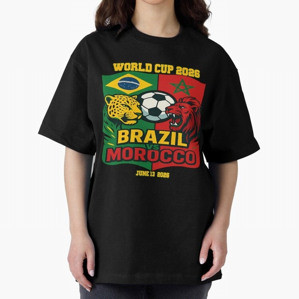 Brazil Vs Morocco June 13 2026 World Cup Soccer We Are Morocco Oversized T-Shirt Capture Stadium Memories from FIFA World Cup 2026 USA Canada Mexico Spirit, with England, Messi, CR7 and Mbappe, Sports Nostalgia, International Competition, Famous