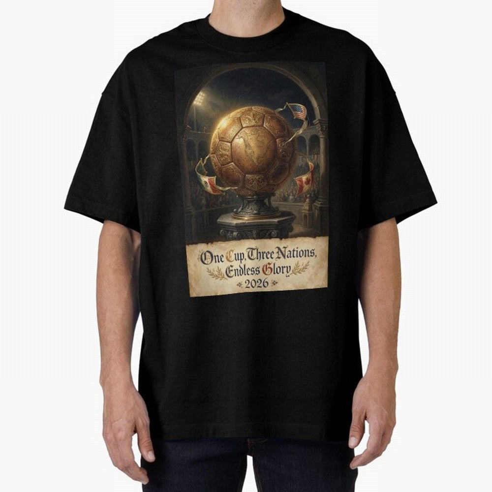 World Cup 2026 Emblem USA Canada Mexico Oversized T-Shirt Bring Global Tournament Vibes to FIFA World Cup 2026 Group Stage Spirit, Highlighting Spain, Messi and Cristiano Ronaldo, Worldwide Fan Energy, Dramatic Goals, Stadium Lights and