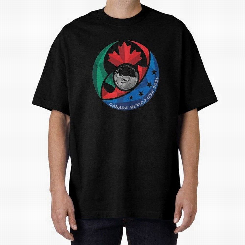 Canada Mexico USA 2026 Round Soccer Emblem Cup T-Shirt_83488590 Oversized T-Shirt Bring FIFA World Cup 2026 Capturing Messi, CR7 and Mbappe, England Energy, Vintage Soccer Flavor, Modern Football Stars, National Flags and Final Night Emotion; Great
