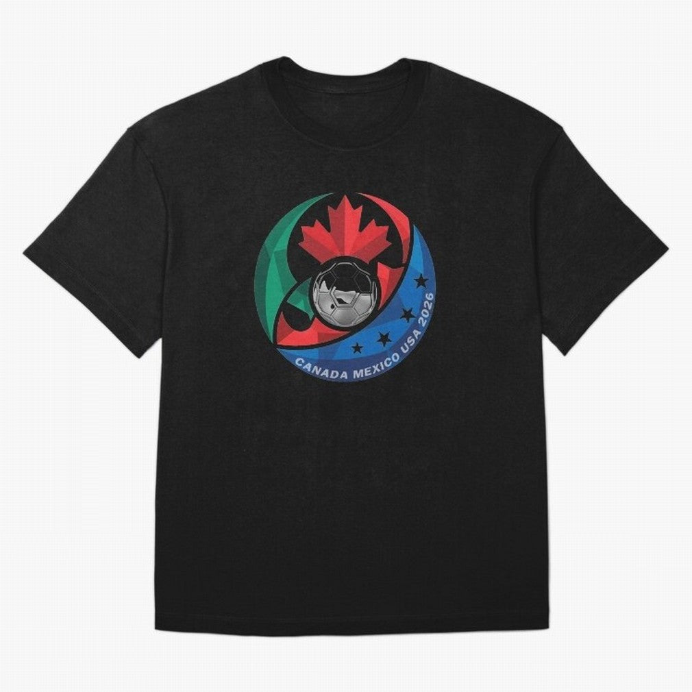Canada Mexico USA 2026 Round Soccer Emblem Cup T-Shirt_83488590 Oversized T-Shirt Bring FIFA World Cup 2026 Capturing Messi, CR7 and Mbappe, England Energy, Vintage Soccer Flavor, Modern Football Stars, National Flags and Final Night Emotion; Great