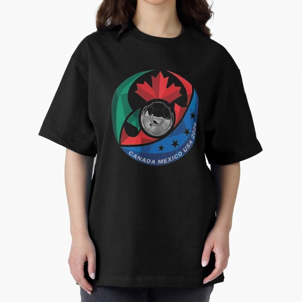 Canada Mexico USA 2026 Round Soccer Emblem Cup T-Shirt_83488590 Oversized T-Shirt Bring FIFA World Cup 2026 Capturing Messi, CR7 and Mbappe, England Energy, Vintage Soccer Flavor, Modern Football Stars, National Flags and Final Night Emotion; Great
