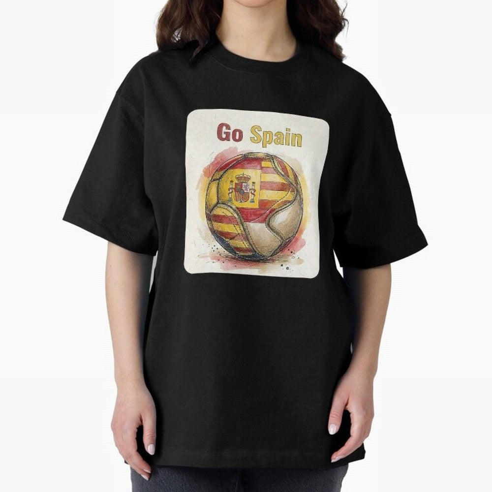 Go Spain Soccer Ball Flag | Canadian Football Fan Graphic Tee Oversized T-Shirt Join Supporters Worldwide for Global Football Passion for FIFA World Cup 2026, Connected to Mbappe and Neymar, Spain and Netherlands, Sports Nostalgia, International