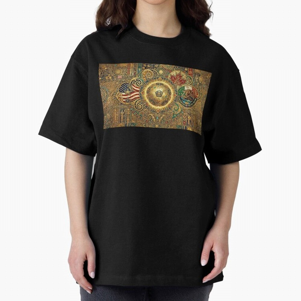 Ornate Soccer Emblem with Flags Oversized T-Shirt Feel FIFA World Cup 2026 Group Stage for Fans of Cristiano Ronaldo, Haaland and CR7 and Spain, Bringing Soccer Culture, Superstar Moments, National Team Dreams and Competitive Fire; Ideal for Fans