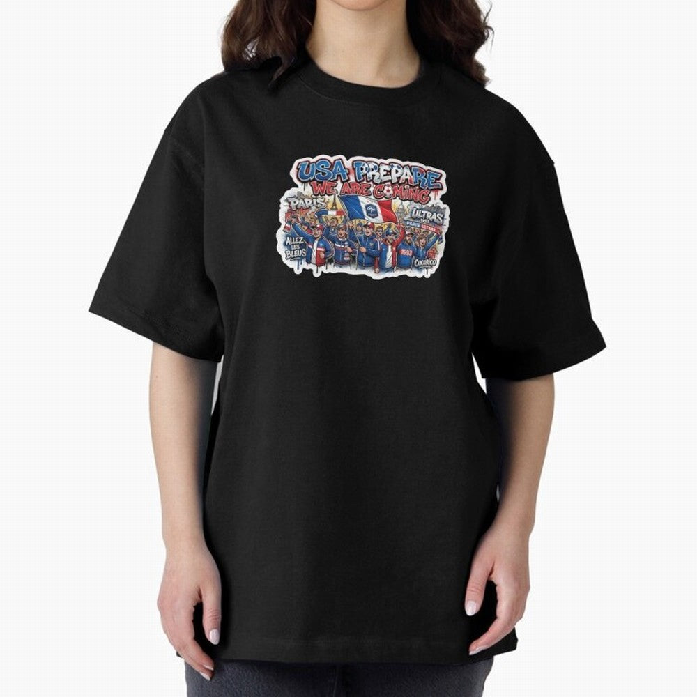 France Soccer Fans 2026 Sticker We Are Coming Oversized T-Shirt Celebrate Fan Favorites in Global Football Passion for FIFA World Cup 2026 Group Stage, Capturing Mbappe, Portugal, Spain and Germany, Football Festival Excitement, Trophy Ambitions,