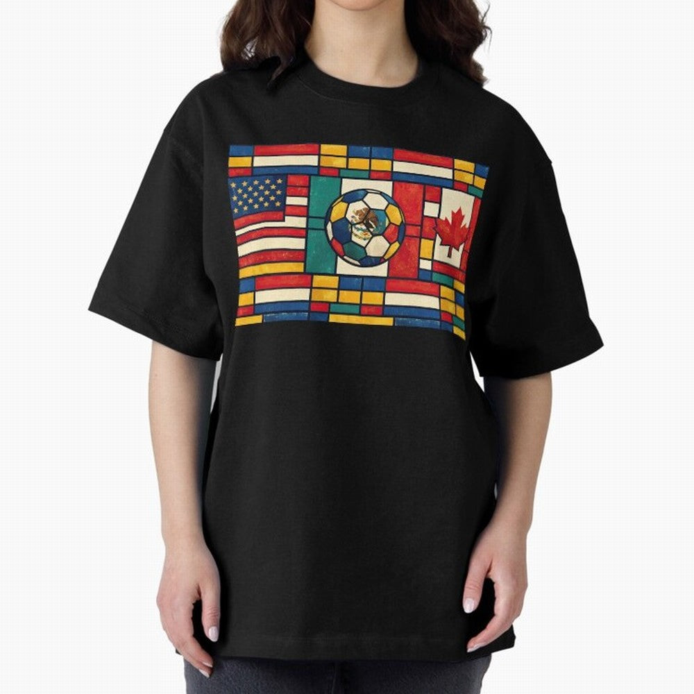 Elegant World Cup Stadiums Geometrical | Soccer Flags Mexico Canada USA Oversized T-Shirt Follow FIFA World Cup 2026 Group Stage for Fans of Cristiano Ronaldo, Haaland and CR7 and Portugal, Spain and Germany, Bringing Classic Soccer Heritage,