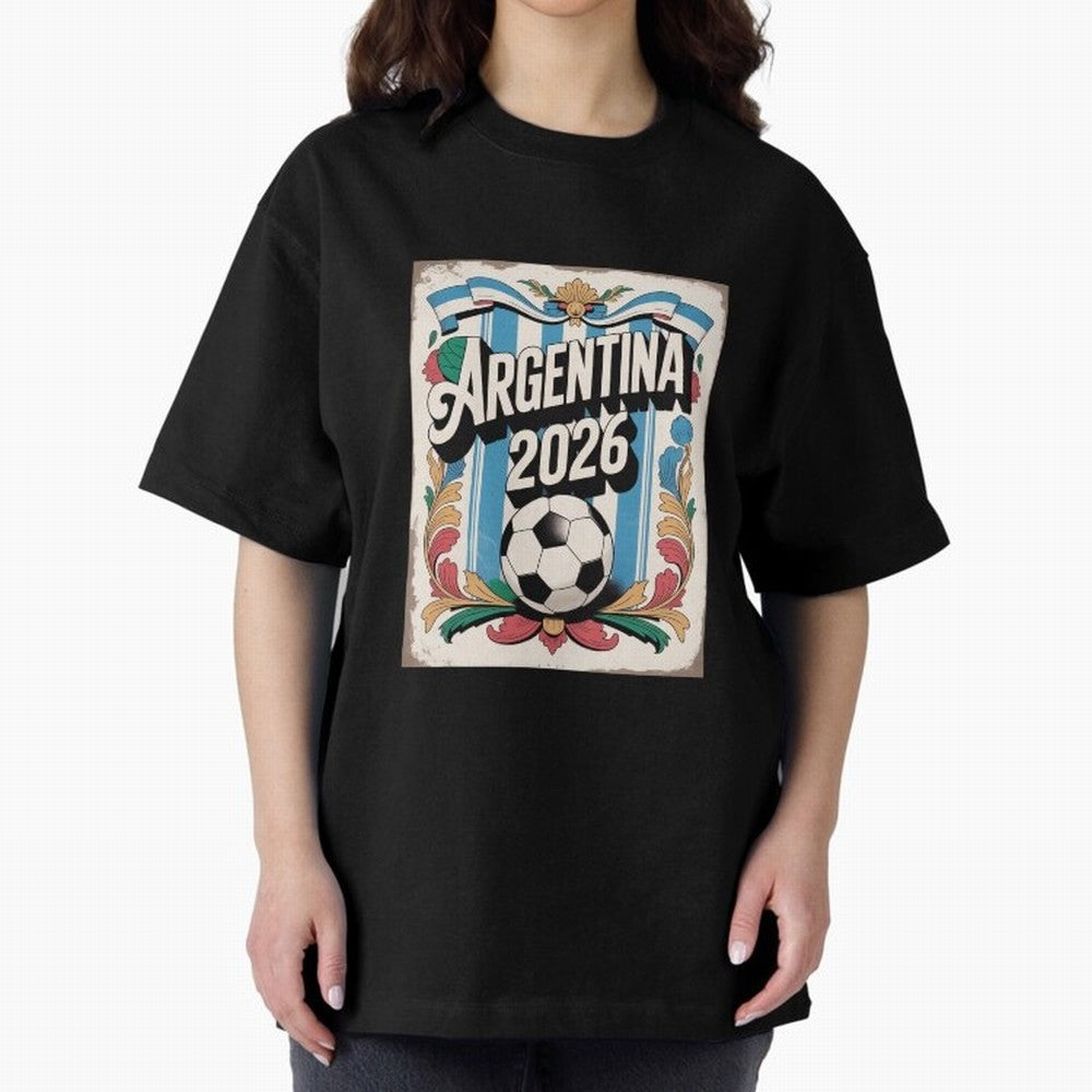 Argentina World Cup 2026 Filete Porte?o Vintage Football Poster - Buenos Aires Folk Art Fan Design Oversized T-Shirt Fuel Your Fan Pride for Global Football Passion for FIFA World Cup 2026 USA Canada Mexico, with Messi, Neymar and Mbappe,