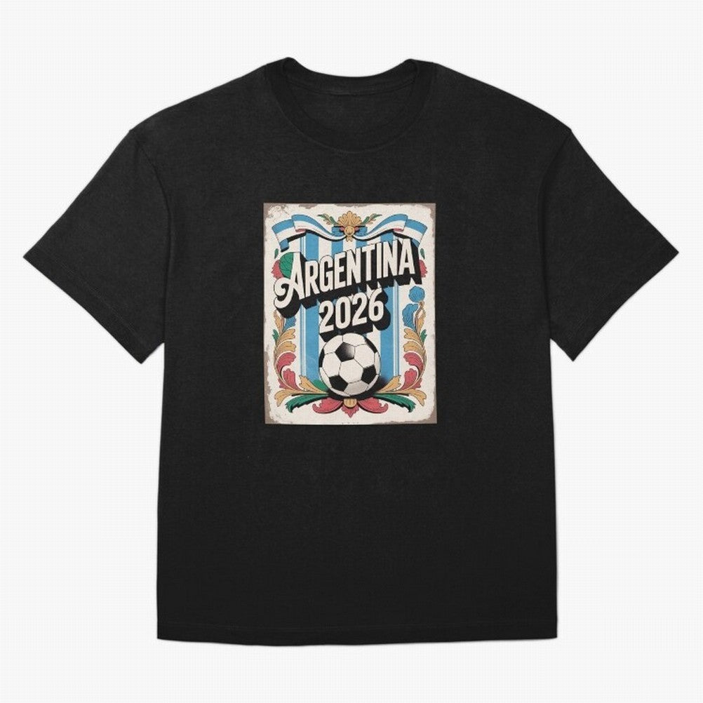 Argentina World Cup 2026 Filete Porte?o Vintage Football Poster - Buenos Aires Folk Art Fan Design Oversized T-Shirt Fuel Your Fan Pride for Global Football Passion for FIFA World Cup 2026 USA Canada Mexico, with Messi, Neymar and Mbappe,