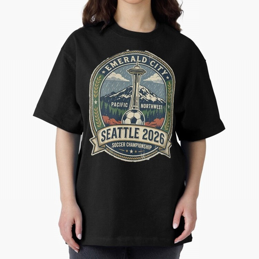 Seattle 2026 World Cup Host City Vintage Football Badge ¡ª Emerald City Space Needle Soccer Oversized T-Shirt Capture FIFA World Cup 2026 Group Stage Inspired by Neymar, England and Germany Energy, Worldwide Fan Energy, Dramatic Goals, Stadium