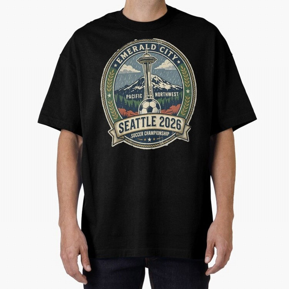 Seattle 2026 World Cup Host City Vintage Football Badge ¡ª Emerald City Space Needle Soccer Oversized T-Shirt Capture FIFA World Cup 2026 Group Stage Inspired by Neymar, England and Germany Energy, Worldwide Fan Energy, Dramatic Goals, Stadium