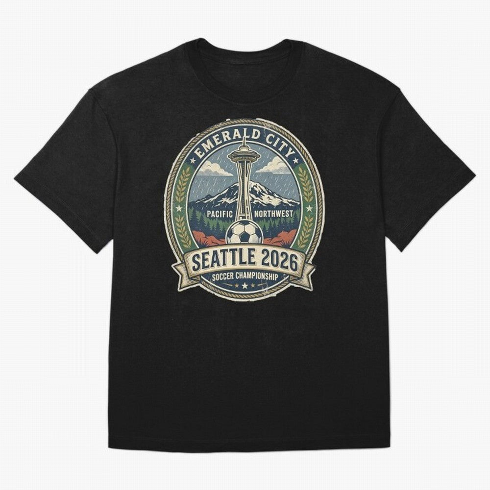 Seattle 2026 World Cup Host City Vintage Football Badge ¡ª Emerald City Space Needle Soccer Oversized T-Shirt Capture FIFA World Cup 2026 Group Stage Inspired by Neymar, England and Germany Energy, Worldwide Fan Energy, Dramatic Goals, Stadium