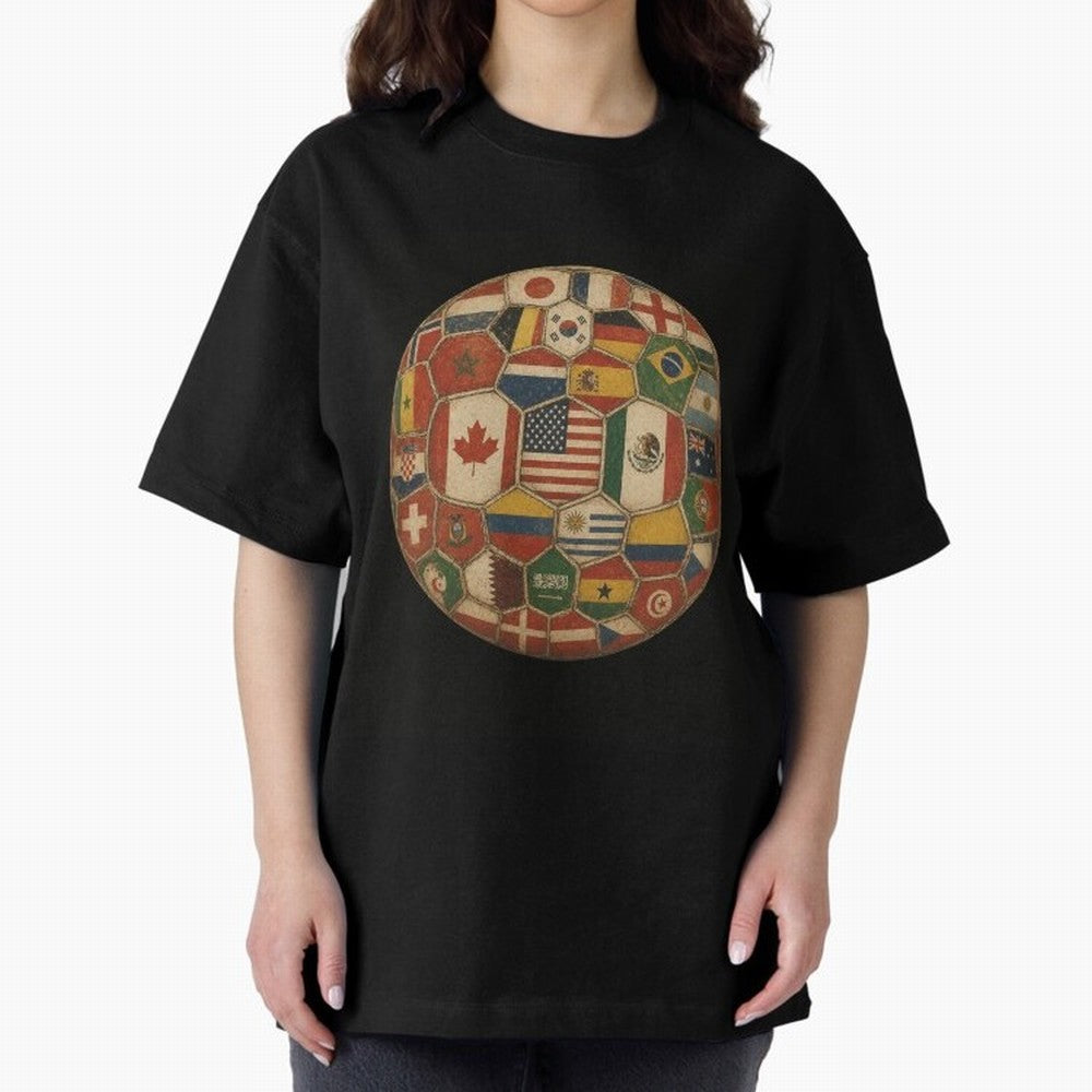 Vintage World Flags Soccer Ball,2026 International Football Graphic Gifts Tee Oversized T-Shirt Stand with the FIFA World Cup 2026 Group Stage Journey through Haaland and Mbappe Highlights, Portugal Pride, Stadium Chants, National Pride, Trophy