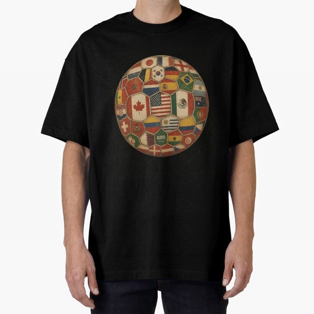 Vintage World Flags Soccer Ball,2026 International Football Graphic Gifts Tee Oversized T-Shirt Stand with the FIFA World Cup 2026 Group Stage Journey through Haaland and Mbappe Highlights, Portugal Pride, Stadium Chants, National Pride, Trophy