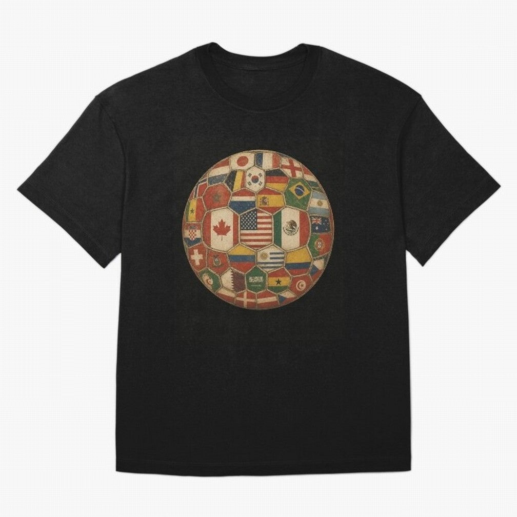 Vintage World Flags Soccer Ball,2026 International Football Graphic Gifts Tee Oversized T-Shirt Stand with the FIFA World Cup 2026 Group Stage Journey through Haaland and Mbappe Highlights, Portugal Pride, Stadium Chants, National Pride, Trophy
