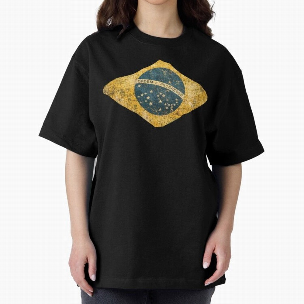 Vintage Brazil Flag Soccer Fan Design Oversized T-Shirt Celebrate Unforgettable Nights in FIFA World Cup 2026 Group Stage Spirit, Highlighting Argentina, Messi and Cristiano Ronaldo, Global Supporter Spirit, Legendary Goals, National Colors and