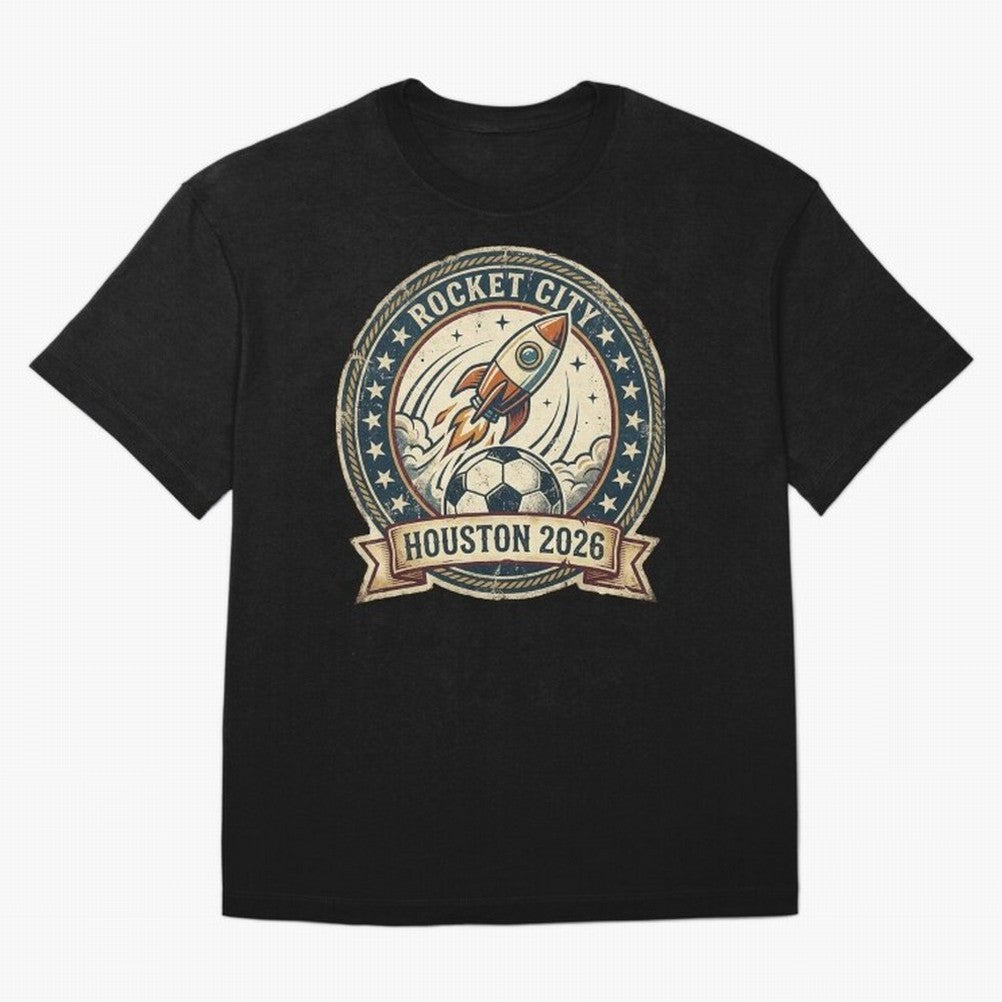 Houston 2026 World Cup Host City Vintage Football Badge ¡ª Rocket City Space Soccer Crest Design Oversized T-Shirt Enjoy the Biggest Football Party of FIFA World Cup 2026 USA Canada Mexico Celebrating CR7, Netherlands Energy, Championship Spirit,