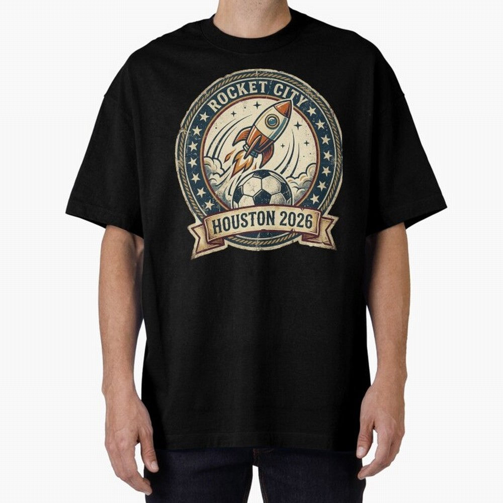 Houston 2026 World Cup Host City Vintage Football Badge ¡ª Rocket City Space Soccer Crest Design Oversized T-Shirt Enjoy the Biggest Football Party of FIFA World Cup 2026 USA Canada Mexico Celebrating CR7, Netherlands Energy, Championship Spirit,