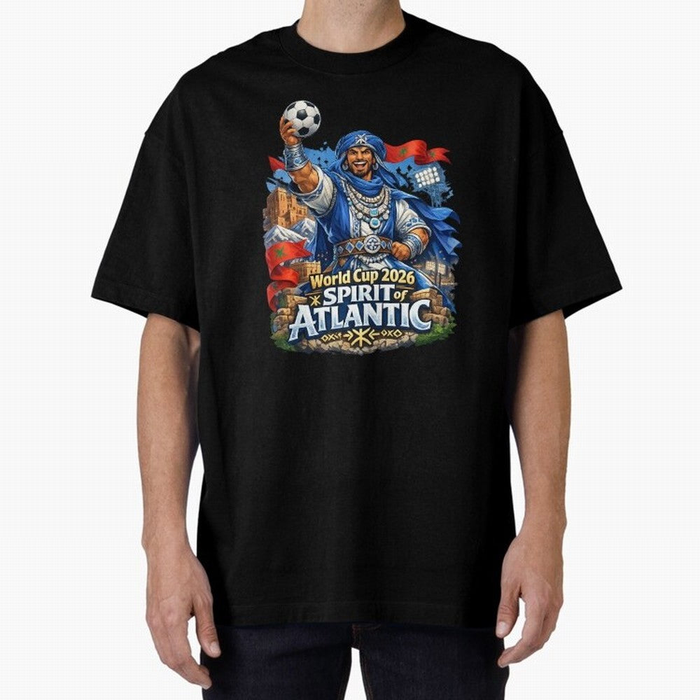 Moroccan World Cup 2026 Spirit of Atlantic Oversized T-Shirt Carry the Dream of FIFA World Cup 2026 Group Stage for Fans of CR7 and Messi and England and Germany, Bringing Championship Spirit, Famous Goals, Roaring Crowds and International Football