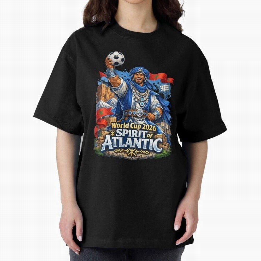 Moroccan World Cup 2026 Spirit of Atlantic Oversized T-Shirt Carry the Dream of FIFA World Cup 2026 Group Stage for Fans of CR7 and Messi and England and Germany, Bringing Championship Spirit, Famous Goals, Roaring Crowds and International Football