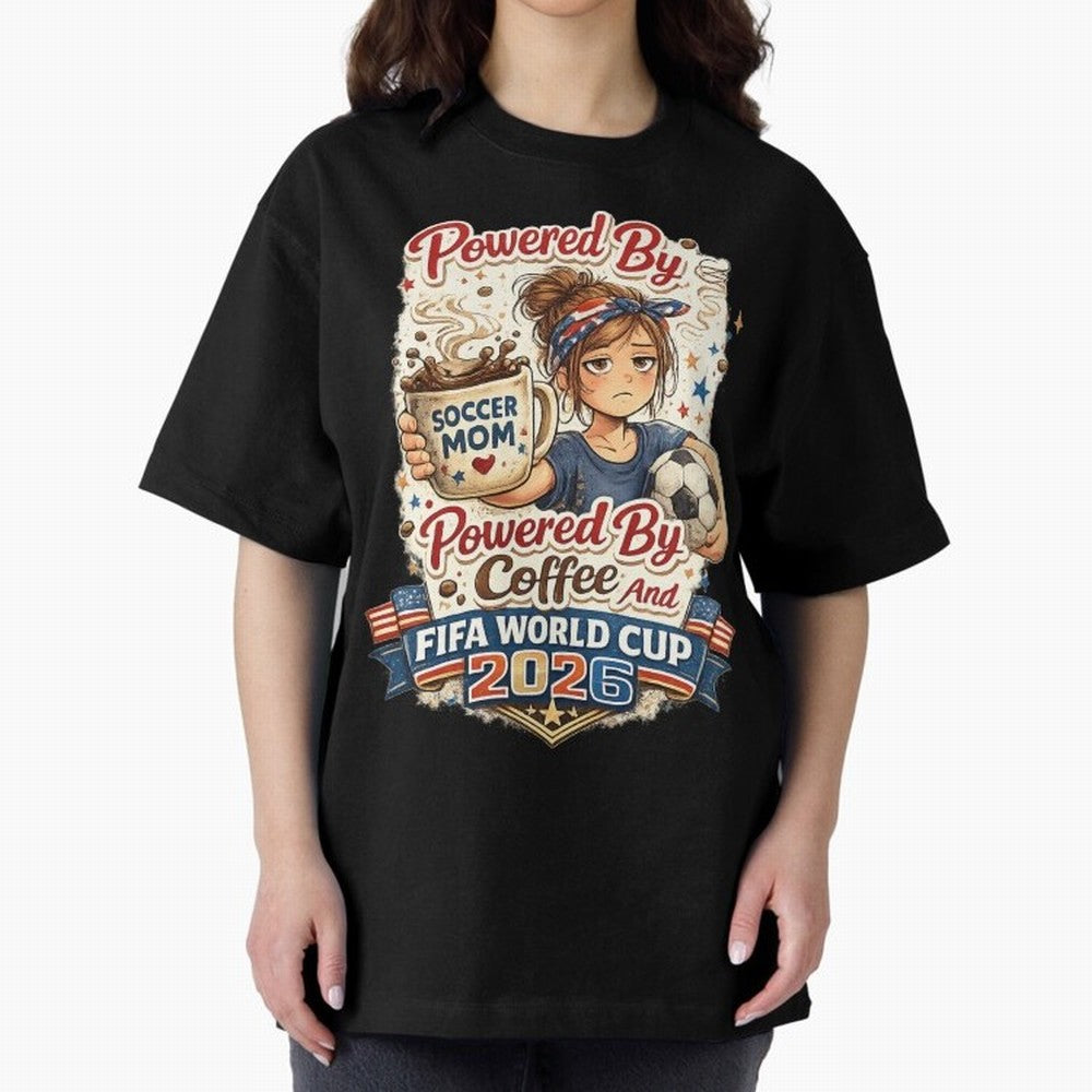 Funny USA Football Design Soccer Mom Powered By Coffee And FIFA World Cup 2026 Oversized T-Shirt Share the Excitement of the FIFA World Cup 2026 Journey through CR7 and Messi Highlights, Germany Pride, Vintage Soccer Flavor, Modern Football Stars,