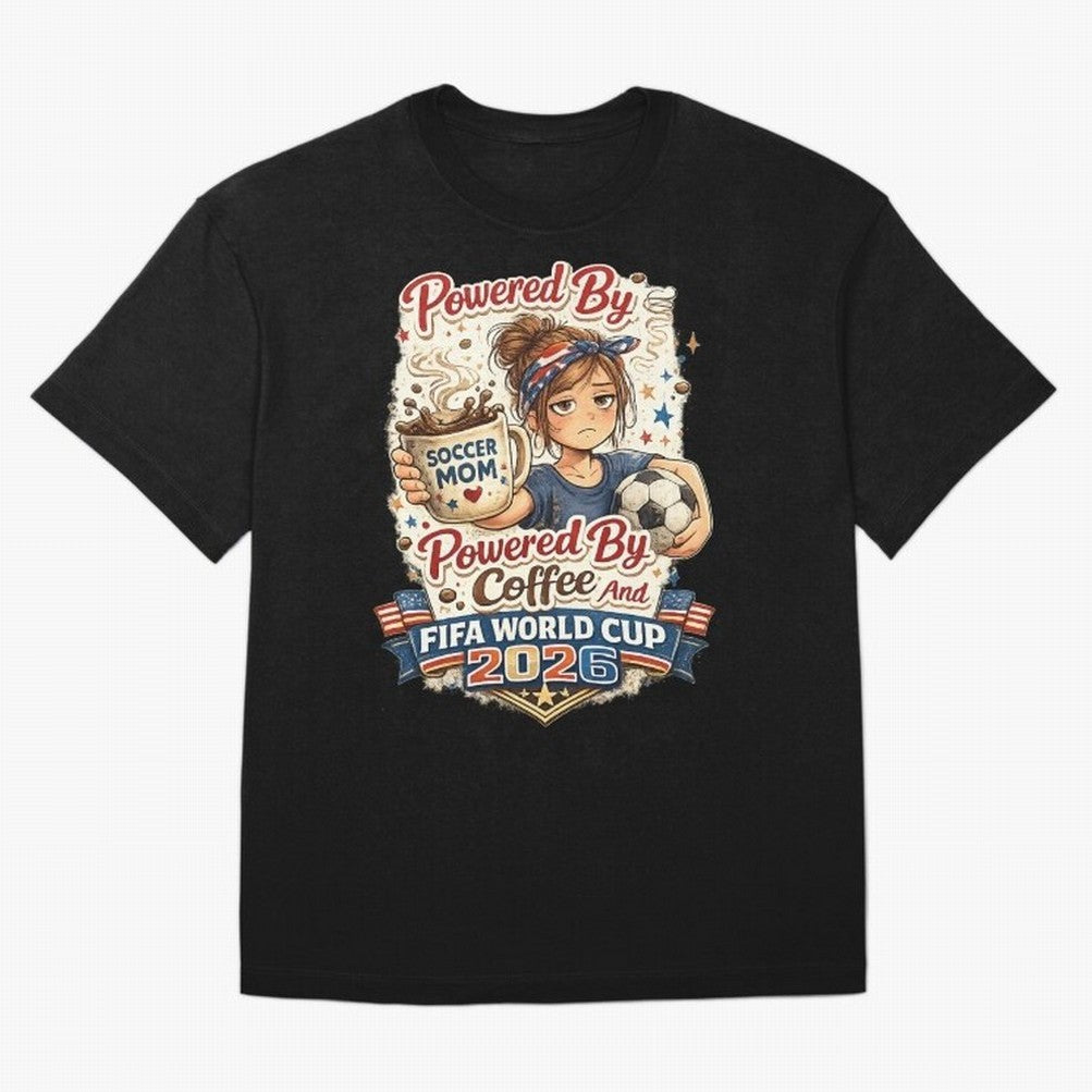 Funny USA Football Design Soccer Mom Powered By Coffee And FIFA World Cup 2026 Oversized T-Shirt Share the Excitement of the FIFA World Cup 2026 Journey through CR7 and Messi Highlights, Germany Pride, Vintage Soccer Flavor, Modern Football Stars,